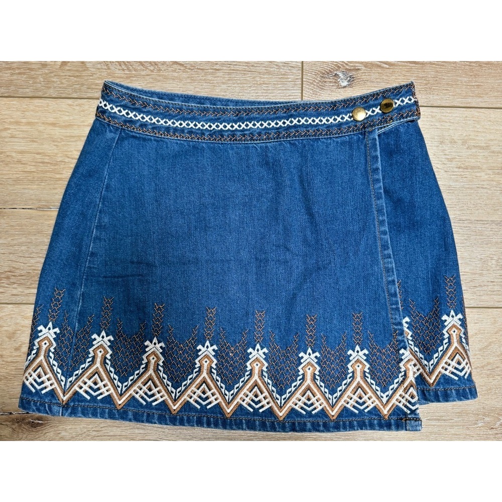 Free People Dream Away Denim Wrap Mini Skirt Boho Embroidered Size 2